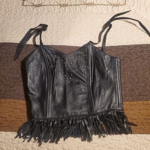 Vintage Biker's Choice Black Leather Strapped Fringed Crop Top Made In The USA M